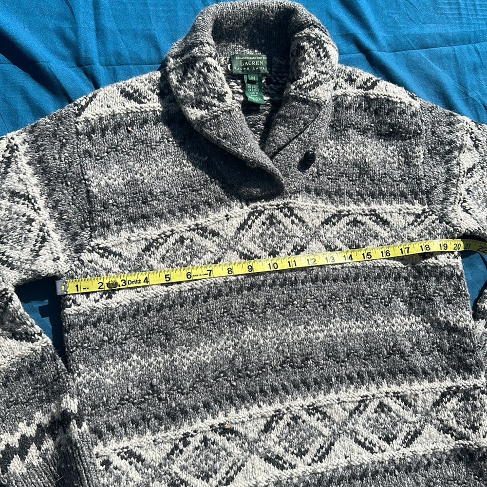 Lauren Ralph Lauren exclusive hand knit wool shawl collar sweater grey/white M - Picture 5 of 6